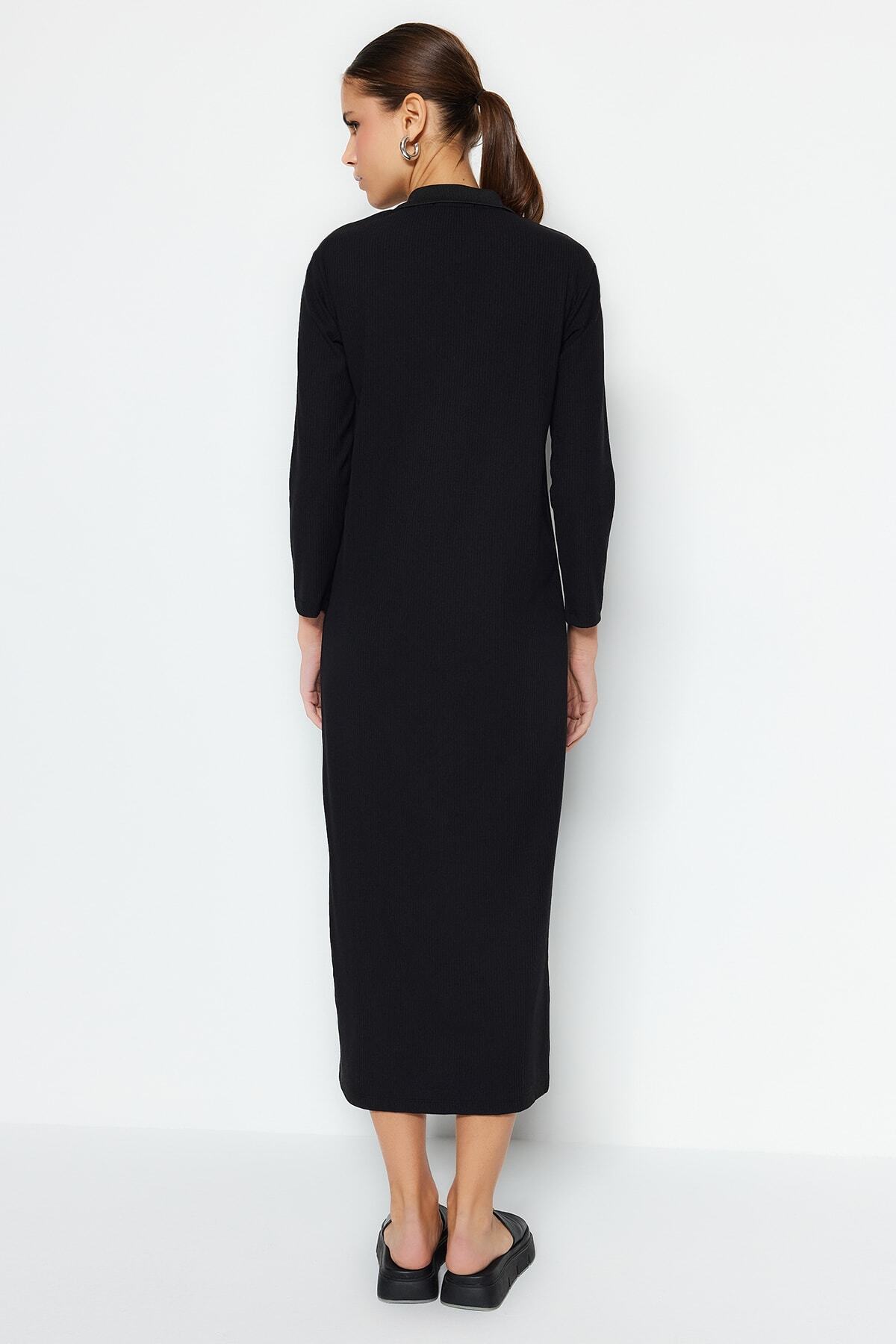 Trendyol Modest-Schwarzes geripptes Strickkleid mit Polokragen TCTSS23EB00246 6