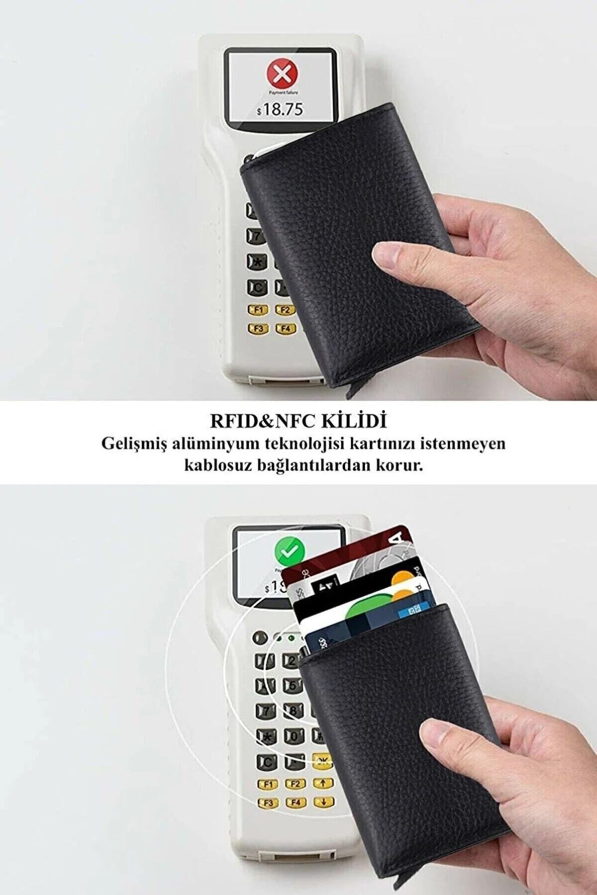 NEWISH POLO ACCESSORIES Siyah Deri Mekanizmalı Otomatik Kızaklı Kartlık Cüzdan Rfıd Korumalı Alemünyum Mekanizma(7CMX10CM) görsel 5