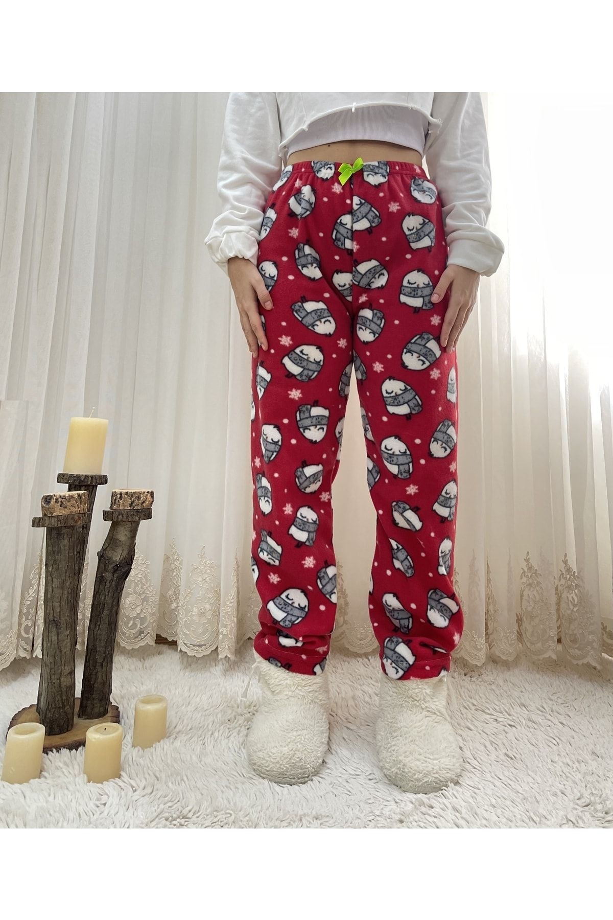 Betimoda Red Chick Patterned Women s Fleece Pajama Bottoms Winter