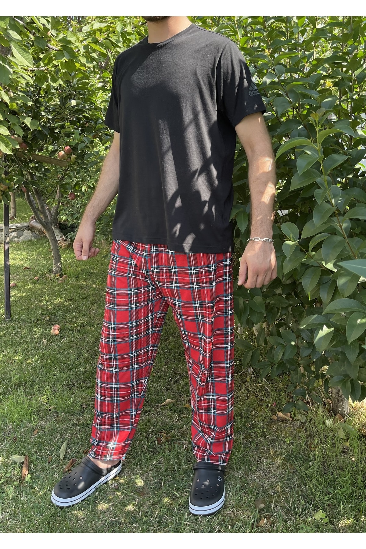 Betimoda Erkek %100 Pamuk Cepsiz Beli Lastikli Pijama Altı Eşofman Kırmızı Yeşil Kare