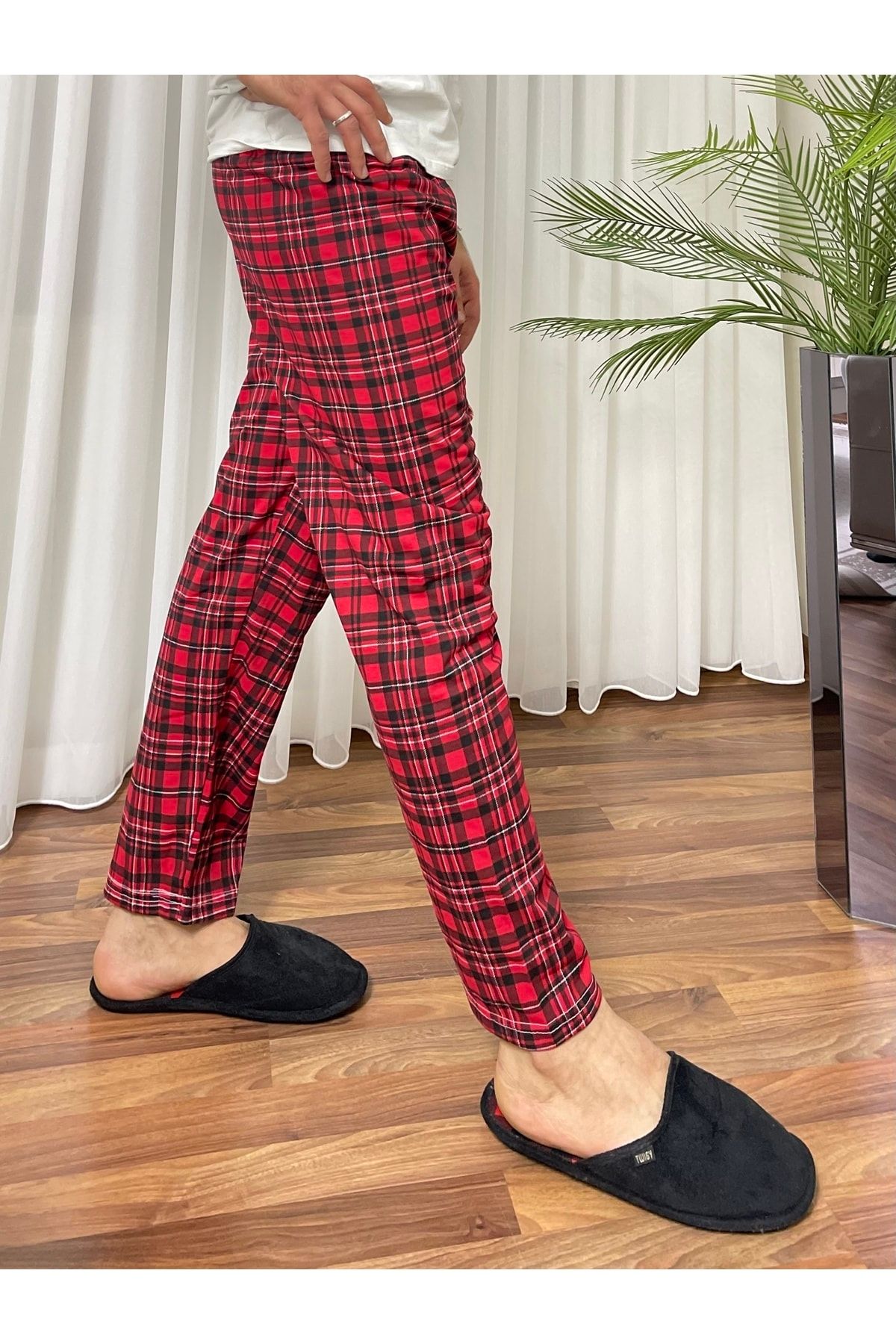 Betimoda Erkek Pamuklu Cepsiz Ekose Desenli Pijama Altı Eşofman ZR9325