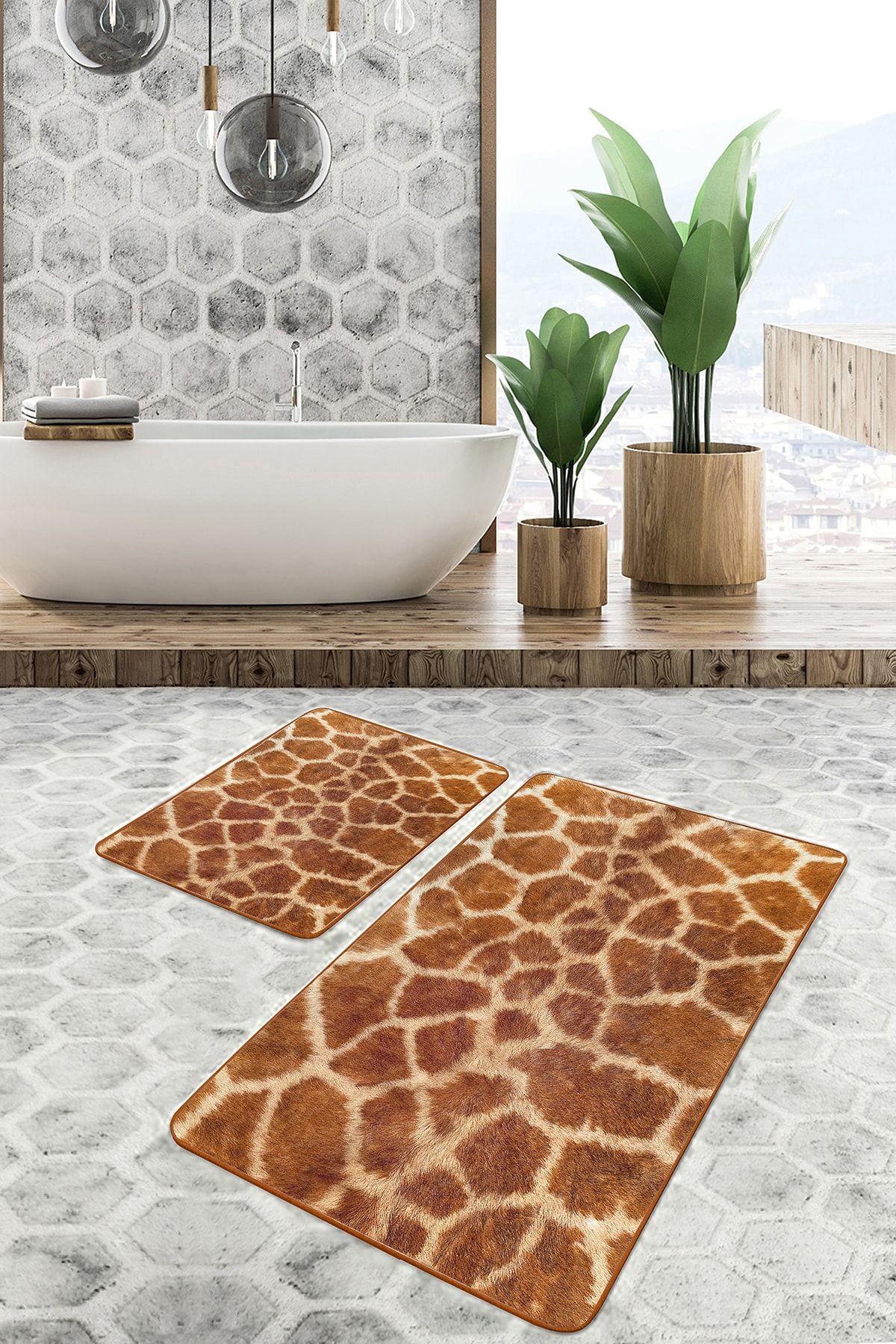 Realhomes-Set of 2 Giraffe Motif Fur Pattern on Brown Floor Simple & Stylish Classic 2-Piece Bath Mat Set 6