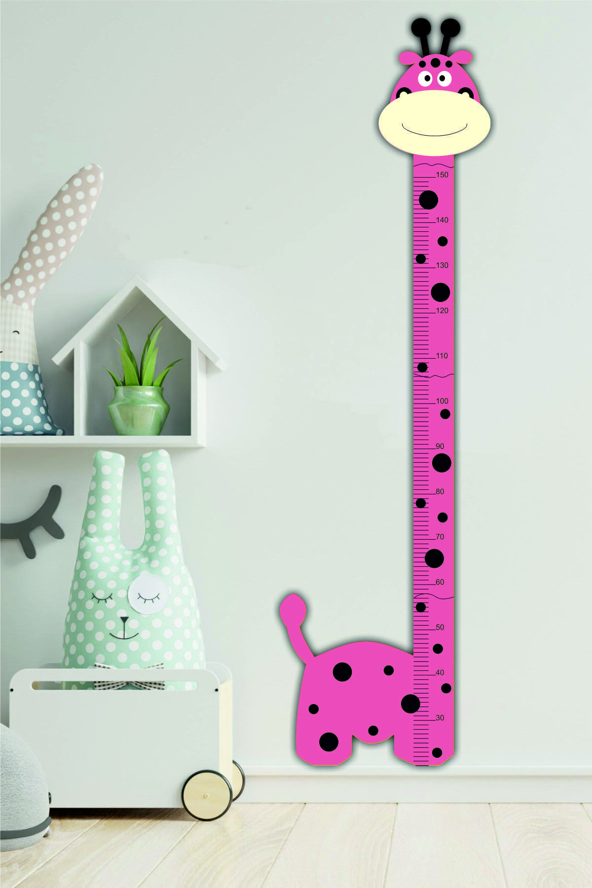 Zürafa Desenli Ahşap Dekor Pembe Boy Ölçer
