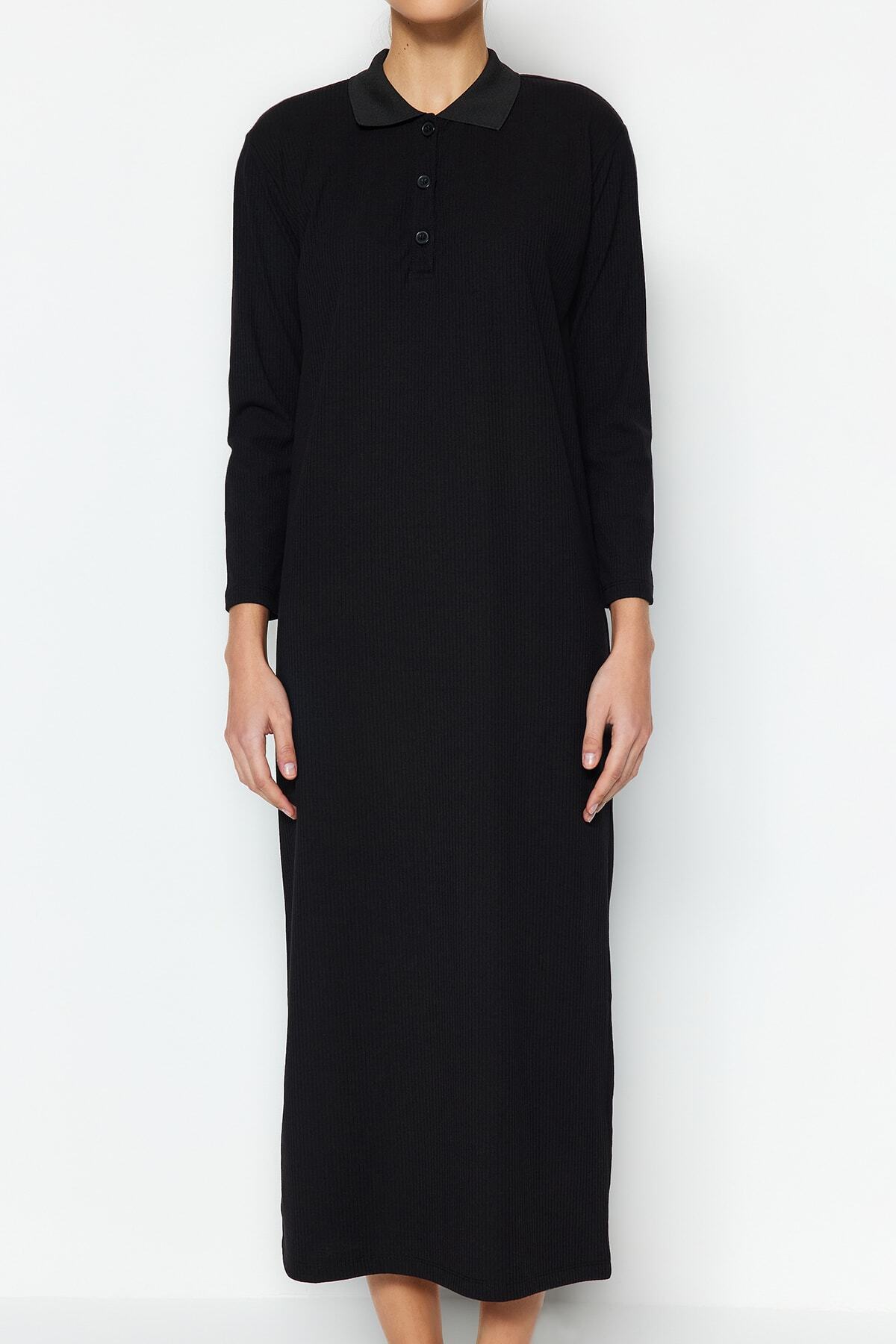 Trendyol Modest-Schwarzes geripptes Strickkleid mit Polokragen TCTSS23EB00246 4
