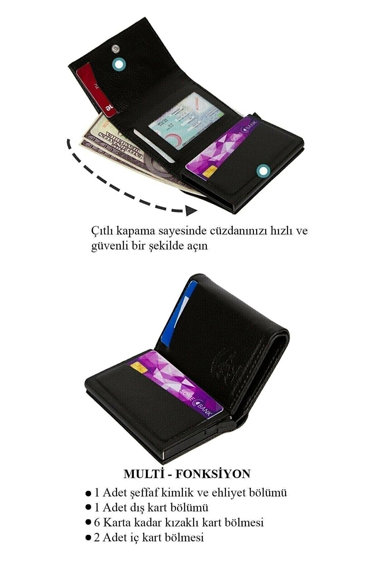 NEWISH POLO ACCESSORIES Siyah Deri Mekanizmalı Otomatik Kızaklı Kartlık Cüzdan Rfıd Korumalı Alemünyum Mekanizma(7CMX10CM) görsel 6