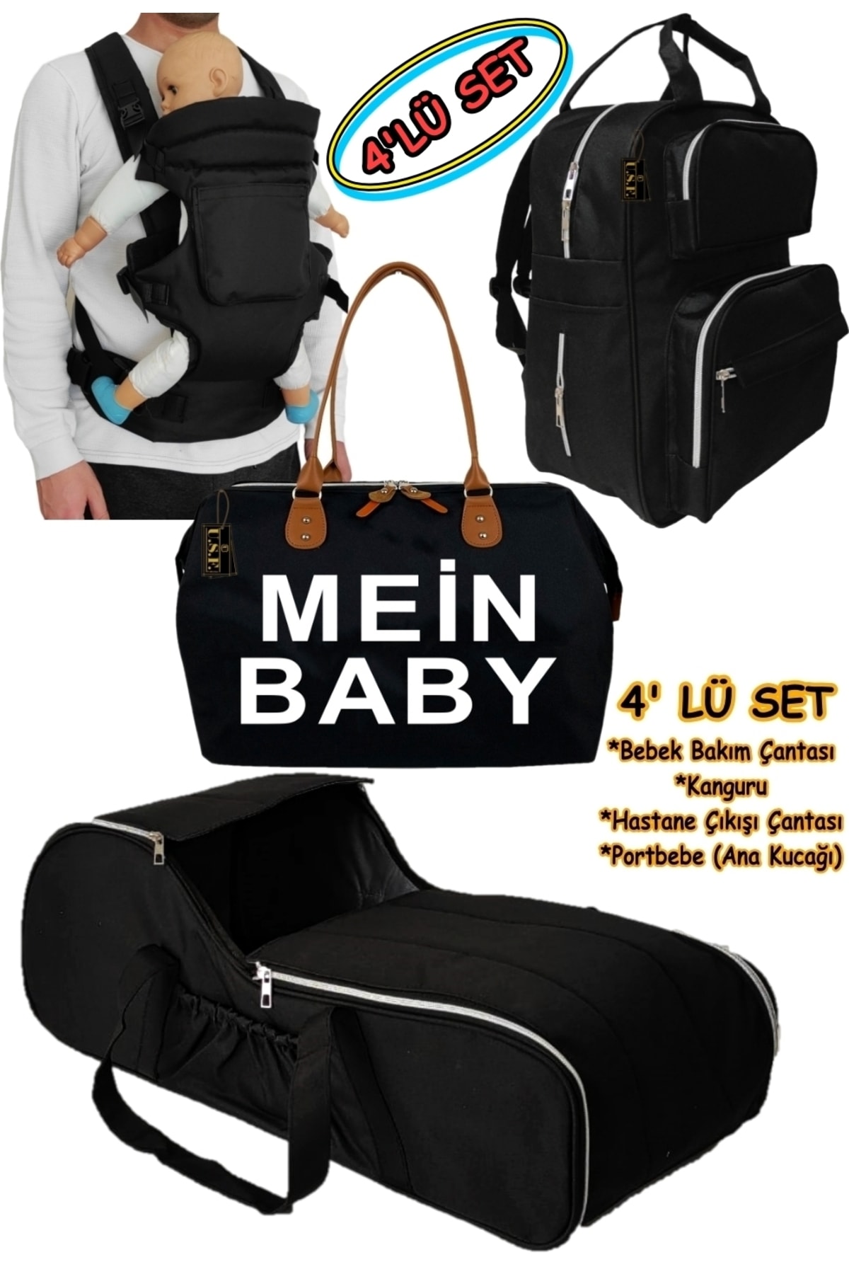 USF Portbebe Ana Kucağı + Bebek Taşıma Kanguru + Bebek Bakım Çantası 3 Lü Set Düz-siyah