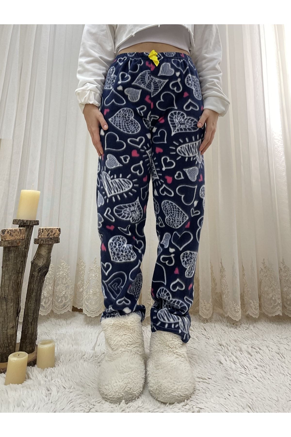 Betimoda White Big Heart Women's Fleece Pajama Bottoms Winter Elastic Waist  Single Bottom - Trendyol
