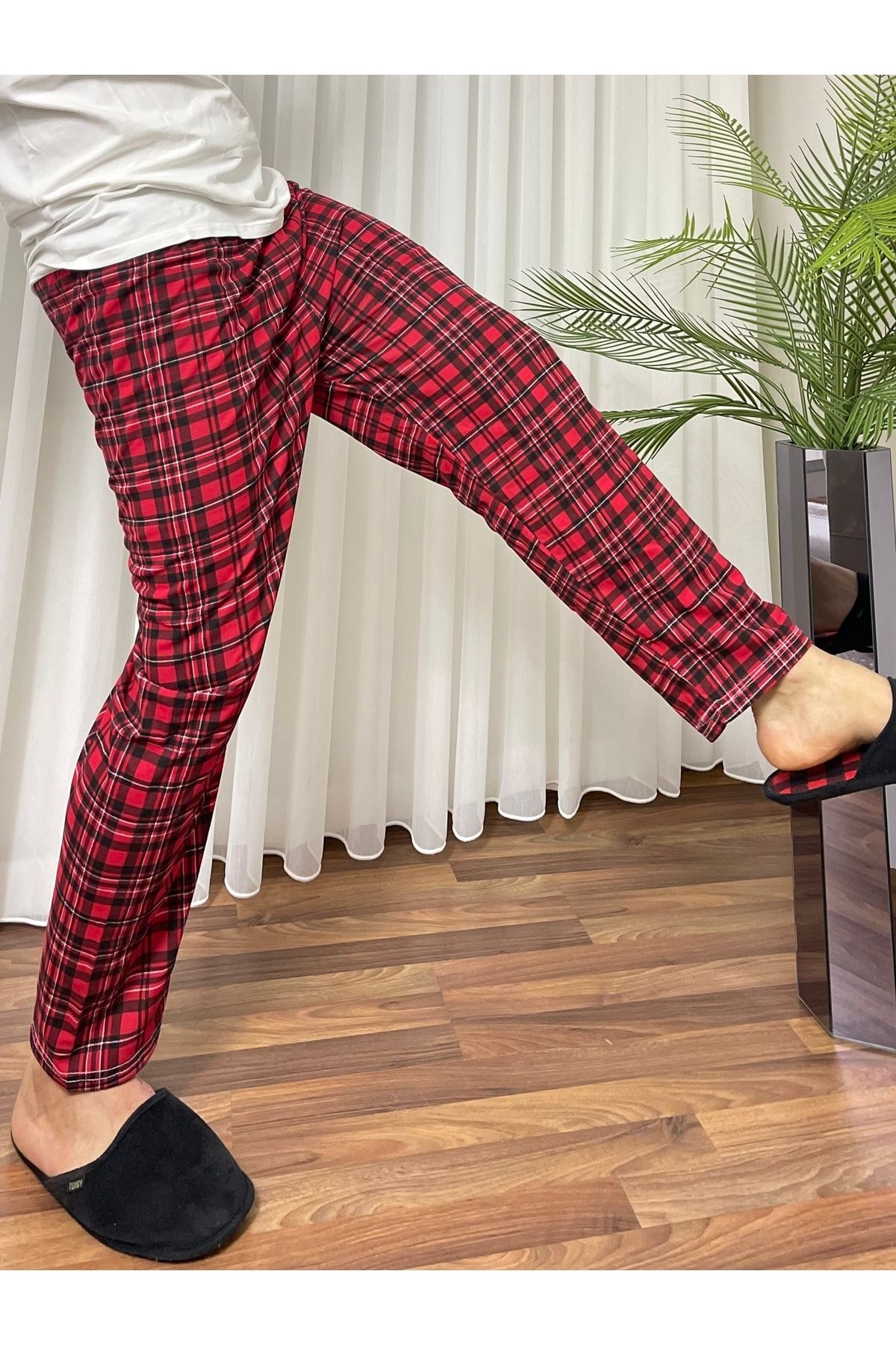 Betimoda Erkek Pamuklu Cepsiz Ekose Desenli Pijama Altı Eşofman ZR9325