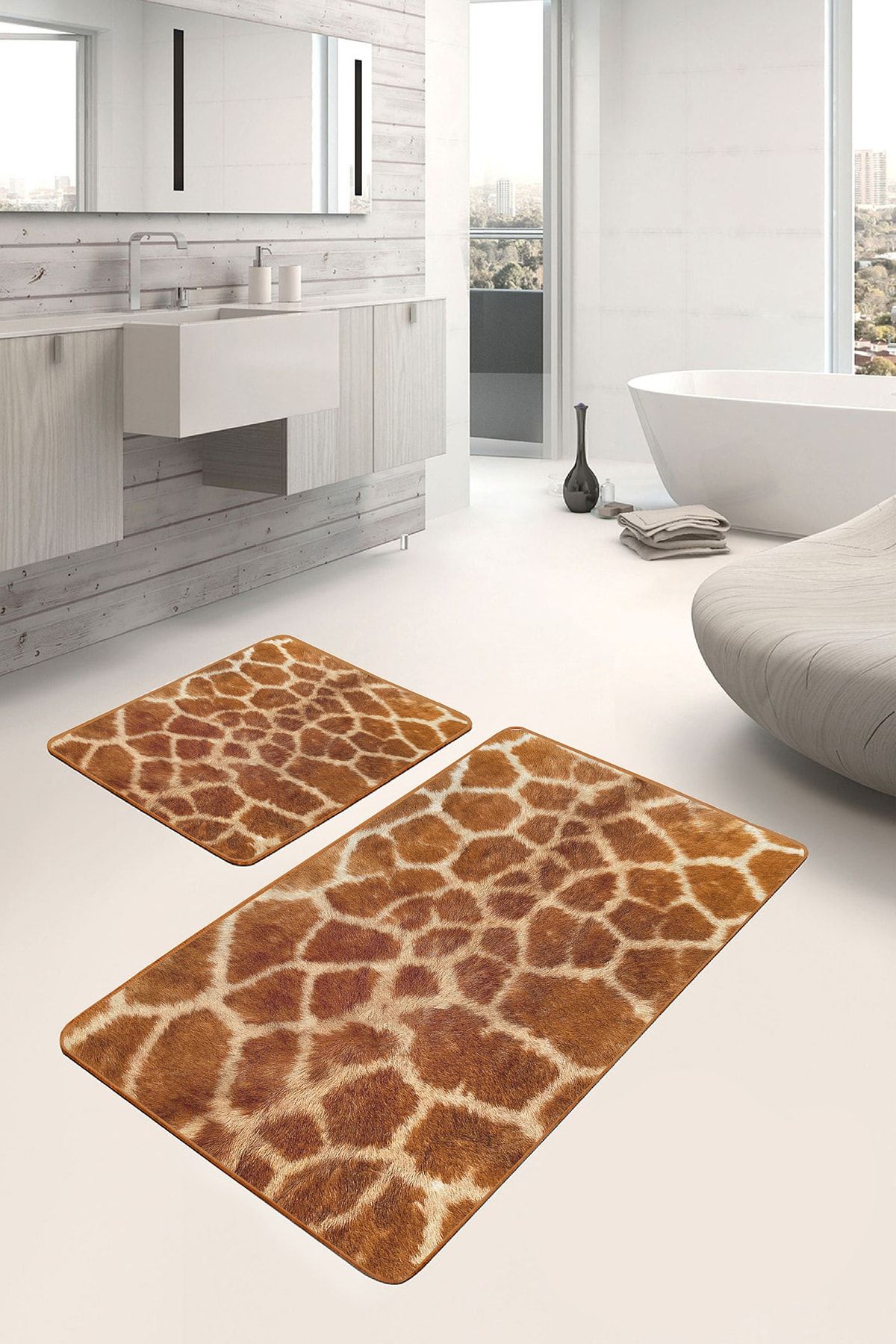 Realhomes-Set of 2 Giraffe Motif Fur Pattern on Brown Floor Simple & Stylish Classic 2-Piece Bath Mat Set 5