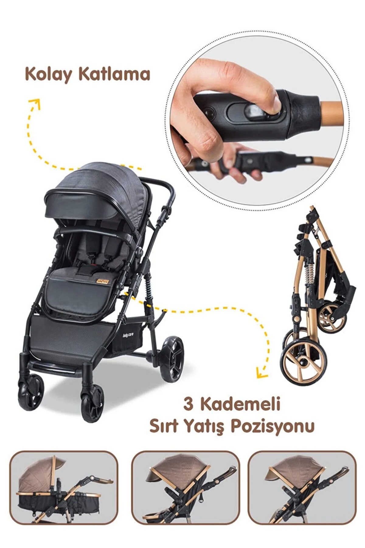 Baby Care Amortisörlü Katlanabilir Oto Koltuklu Travel Sistem Bebek Arabası Bc340 Oyuncak Armağanlı SN12301