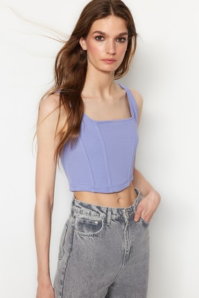 TRENDYOLMİLLA Limited Edition Lila Balenli Fermuar Detaylı Crop Örme Atlet TWOSS21AL0059