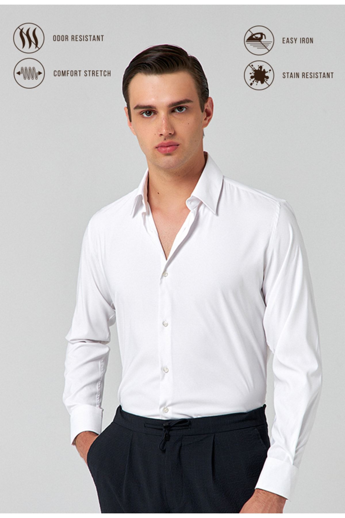 D'S Damat Slim Fit Beyaz Düz Su Itici Leke Tutmaz Easy Iron Travel Gömlek