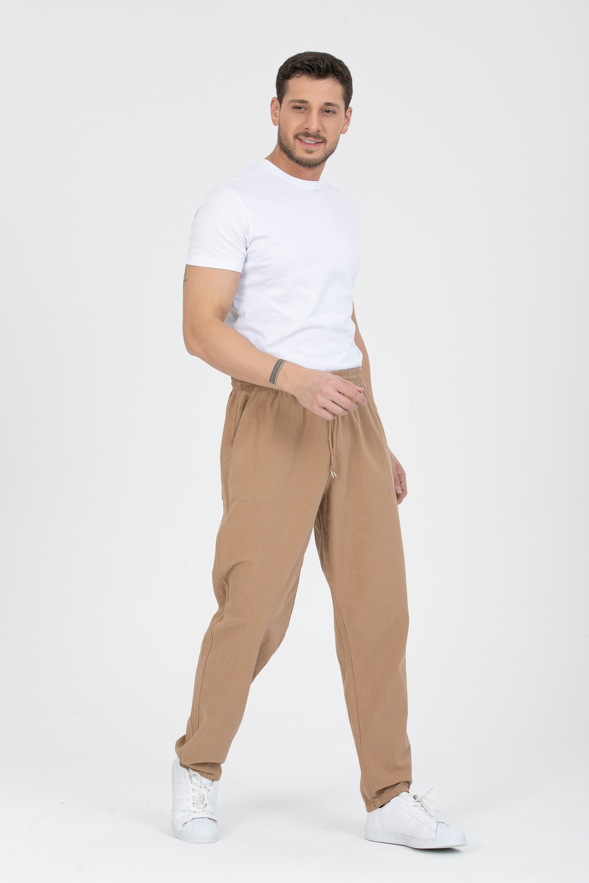 LECH STORE Erkek Ince Yazlık Beli Lastikli Kordonlu Keten Görünümlü %100 Pamuklu Pantolon