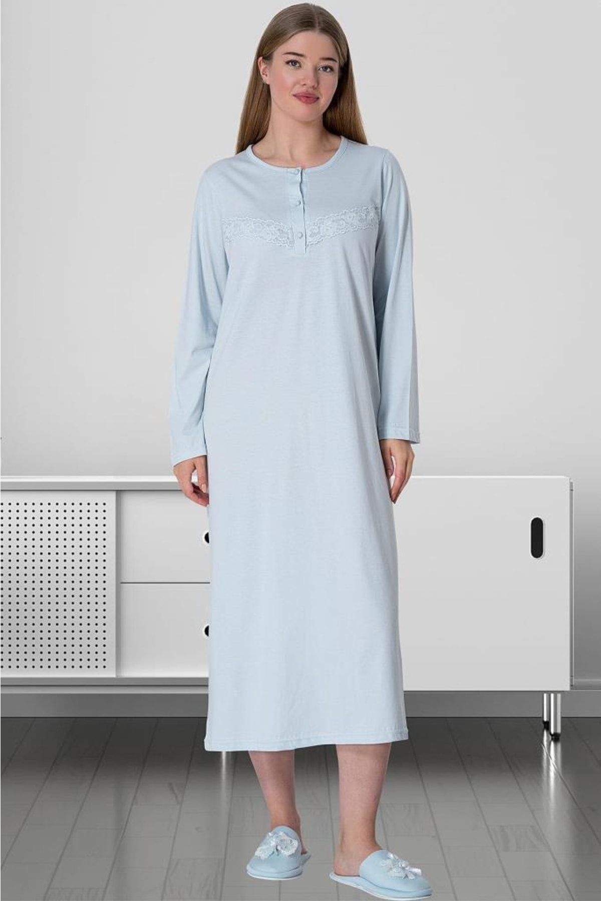 Mecit Pijama Mecit 5824 Mavi Büyük Beden Uzun Kollu Gecelik