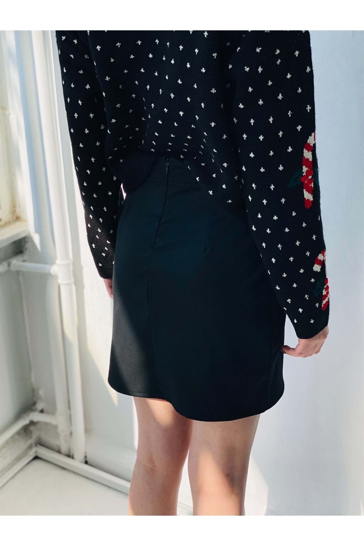 Retrobird Woven Fabric Zippered Underwear Floral Patterned Black Mini Slit  Women's Skirt