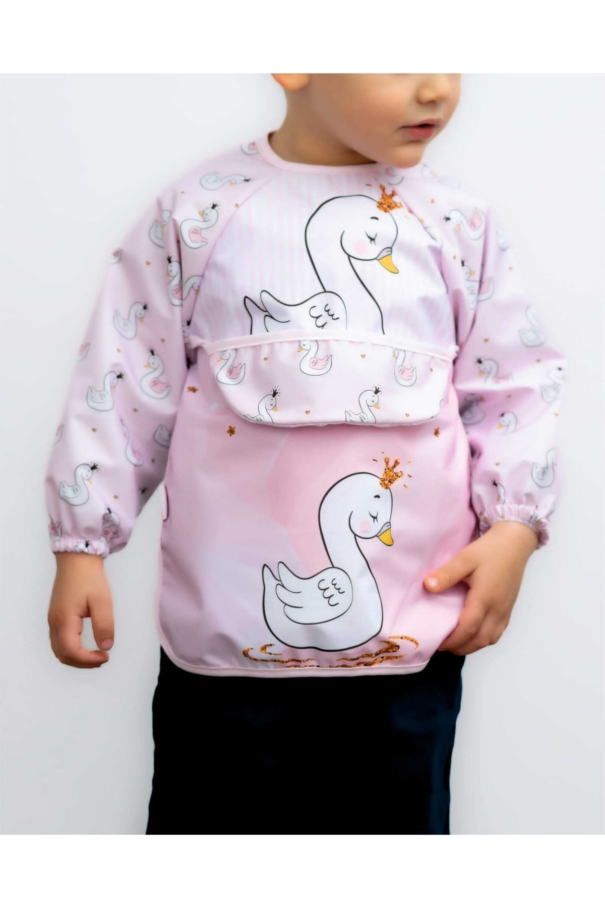 Bebelop Kuğu Desenli Giyilebilir Kollu Unisex Kız Erkek Bebek Mama Önlüğü