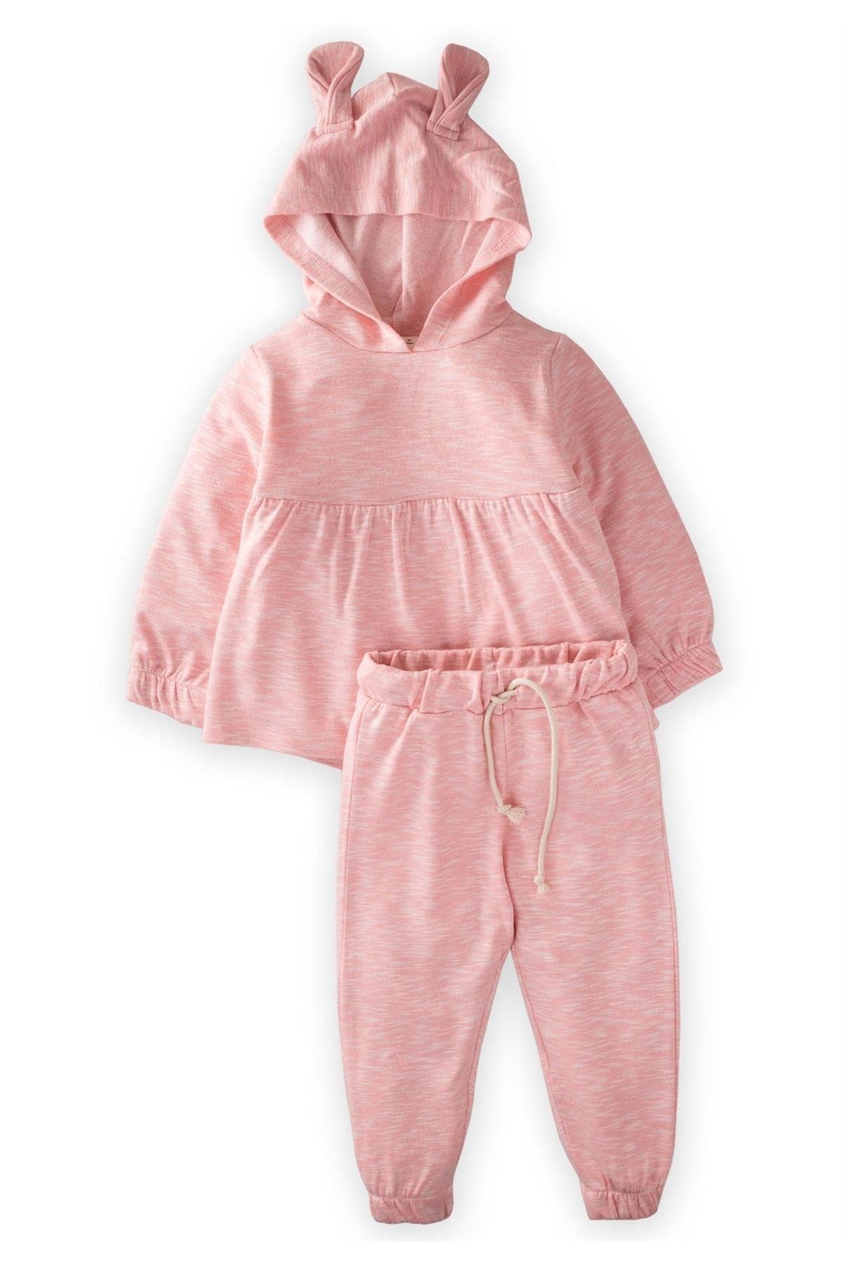 Cigit Kulaklı Kapşonlu Belden Büzgülü Sweat Takım 2-7 Yaş Pembe Melanj