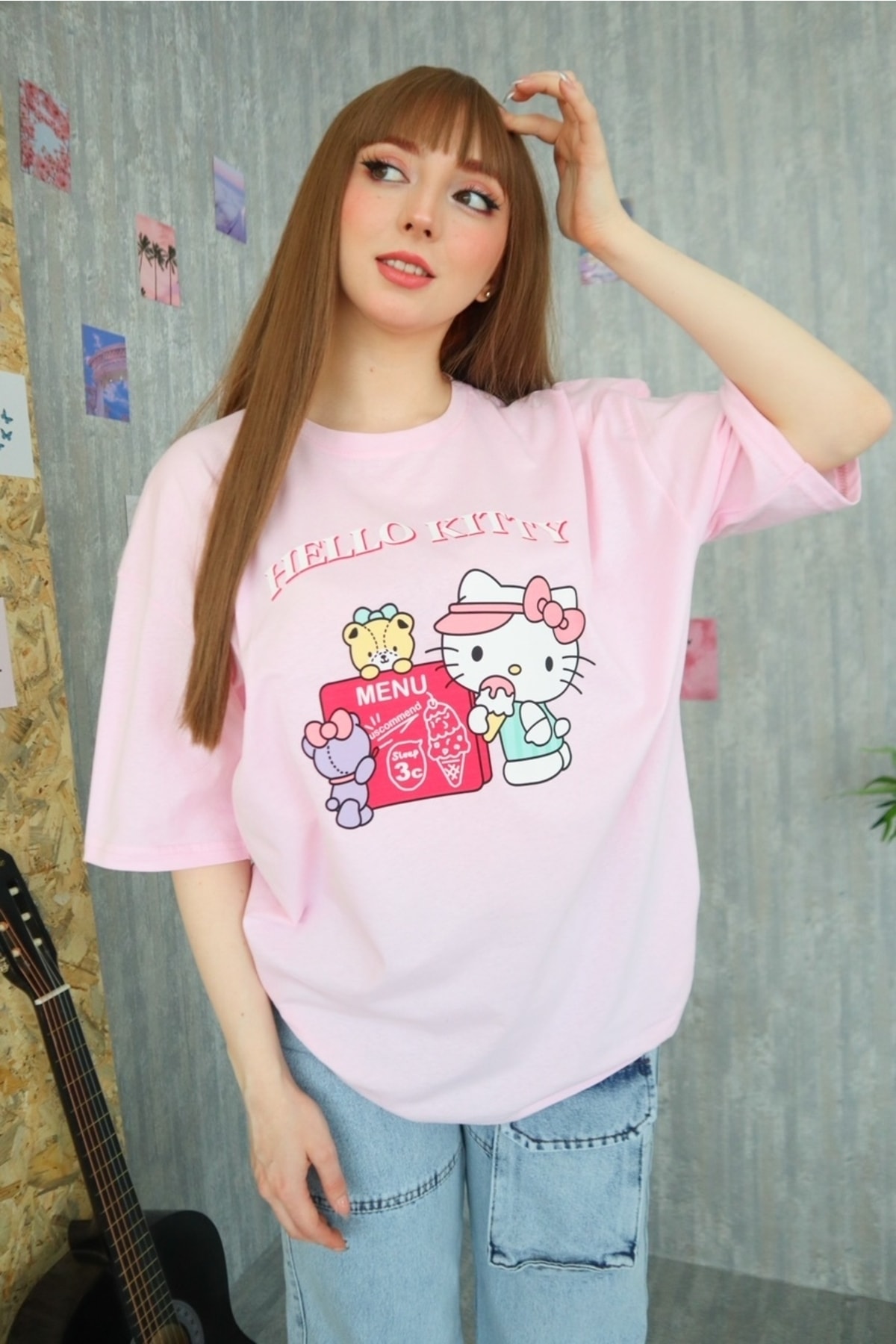 EFBUTİK Pembe Unisex Hello Kitty Menü Tişört