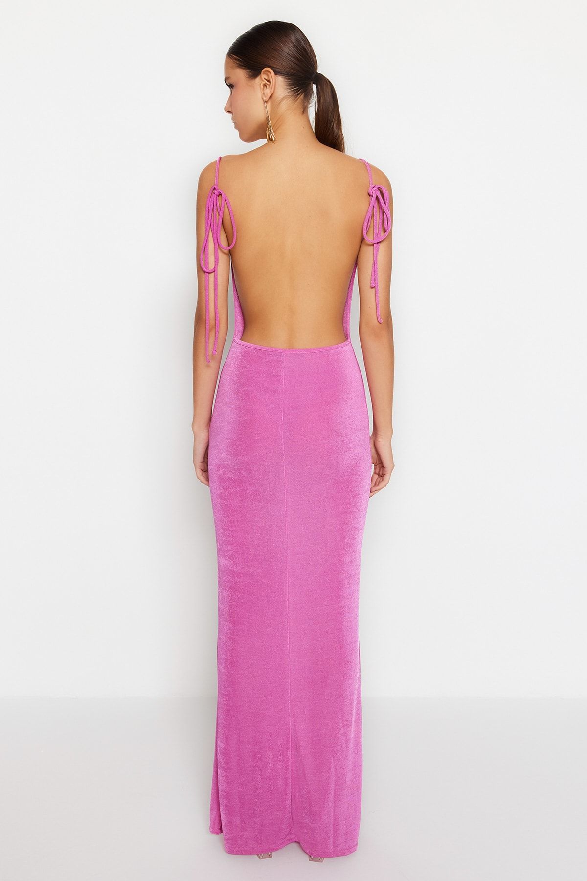 Trendyol Collection-Rochie de seara lunga tricotata roz TPRSS23AE00057 6