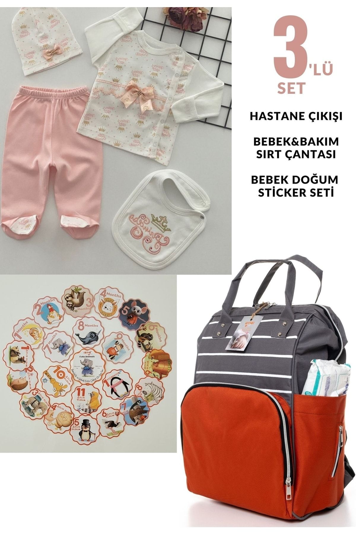 DERİNBEBE %100 Pamuk Hastane Çıkışı, Anne&bebek Bakım Sırt Çantası Ve Cute Animals 21 Adet Bebek Sticker Seti