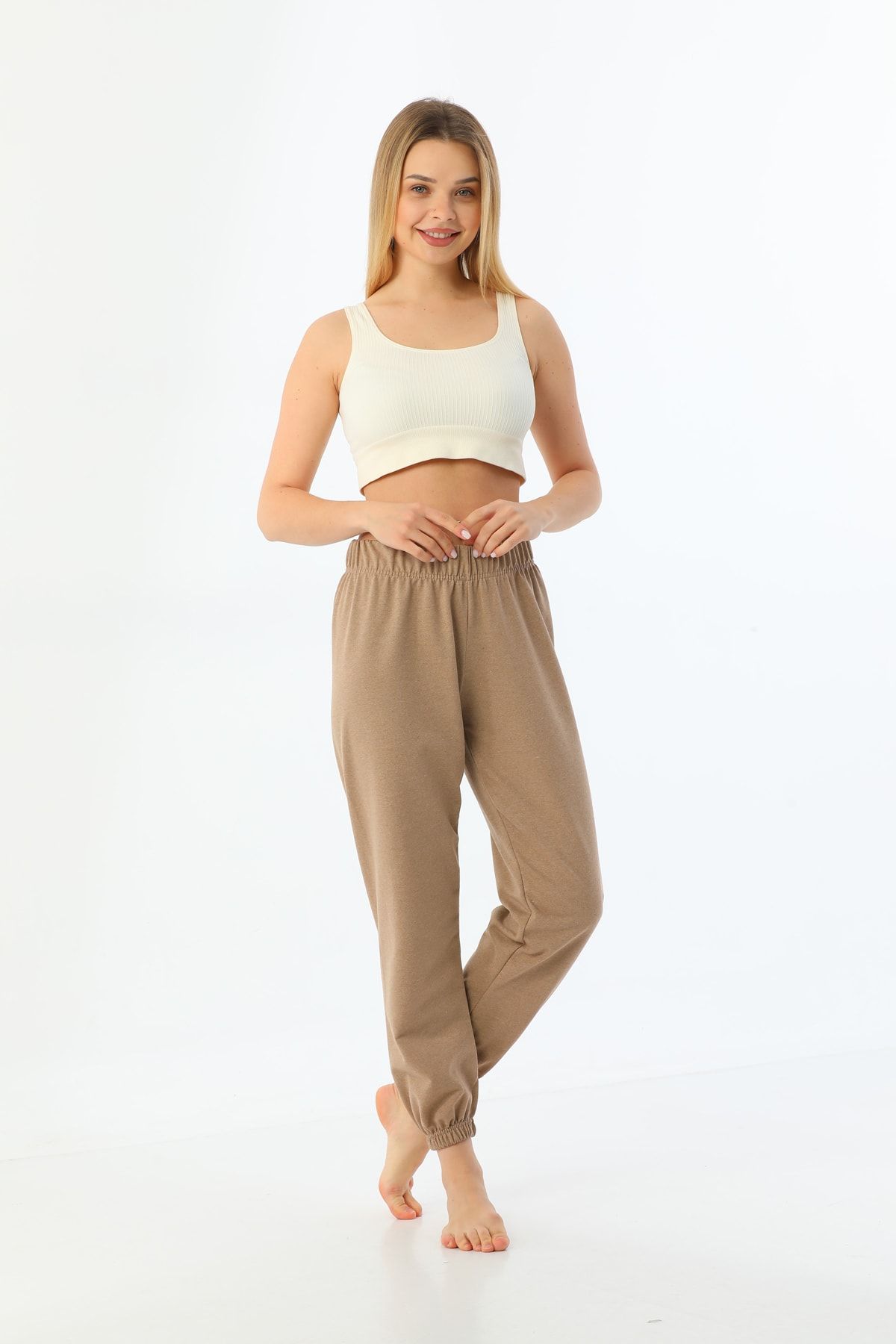 Arvin-Unisex Beige Color Elasticized Two Thread Sweatpants 3