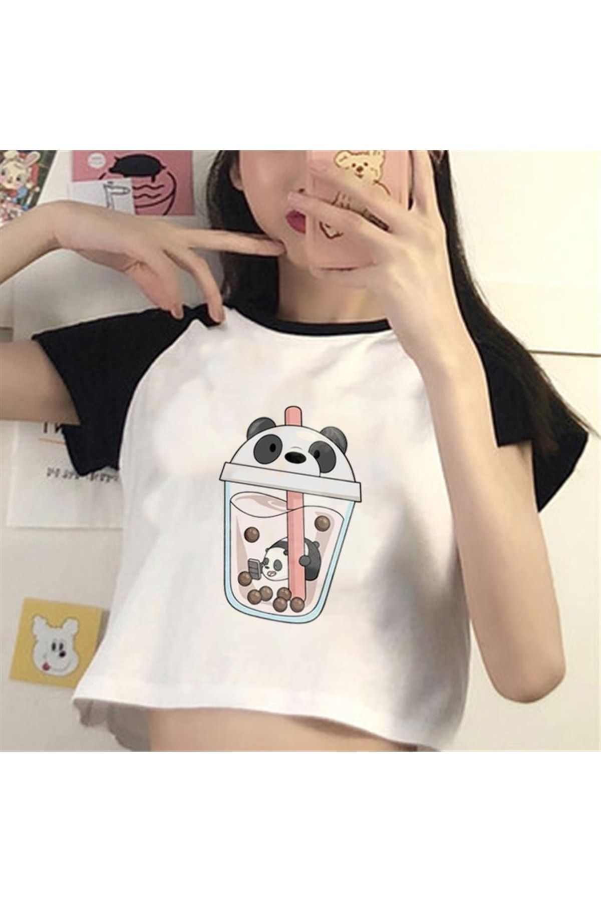 Touz Buddy Bears Panda Imprimat Mânecă Raglan Cultură Albă Femeie - L/XL