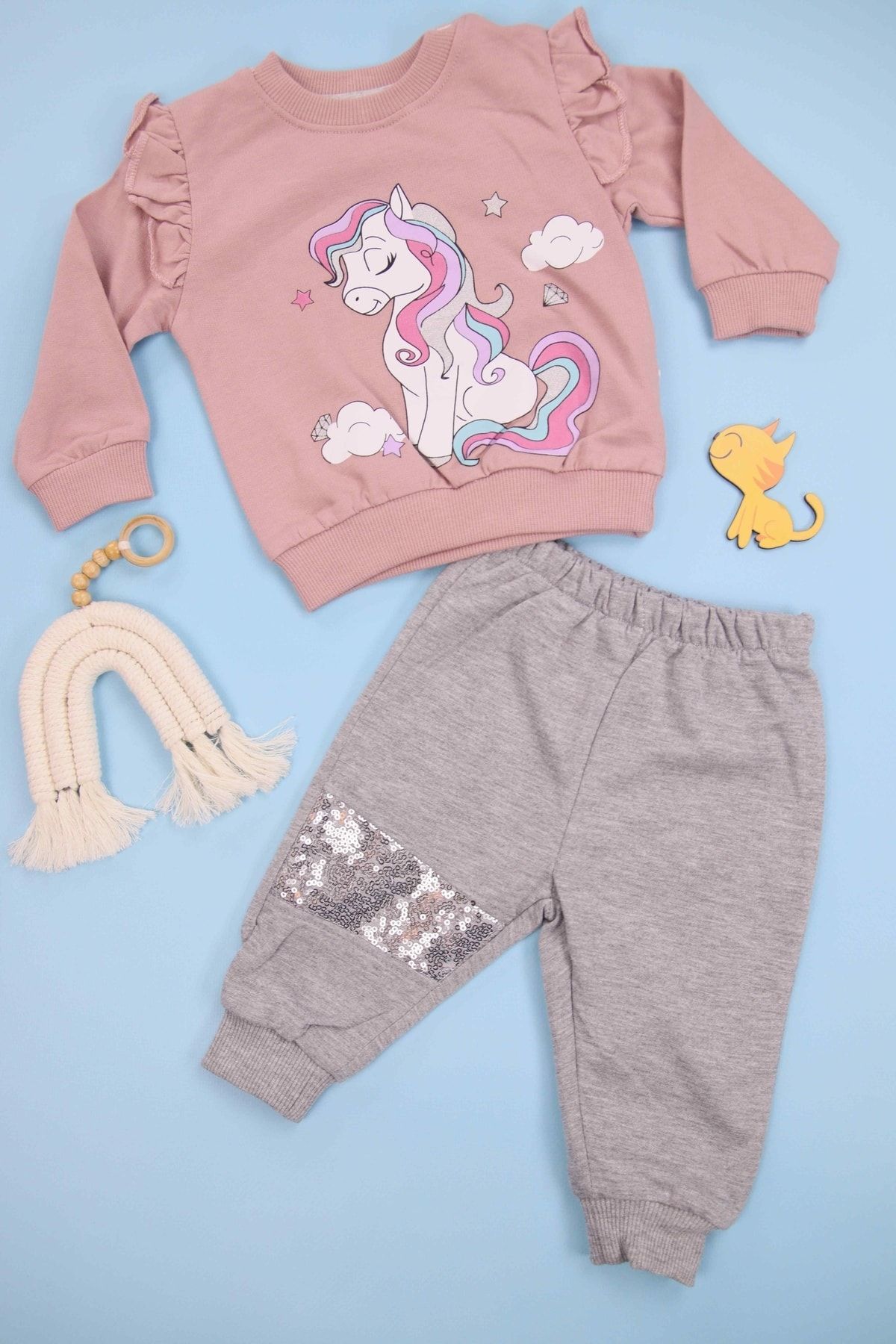Çıtır Bebe Unicorn Baskılı Fırfırlı Kahverengi Kız Bebek Takım