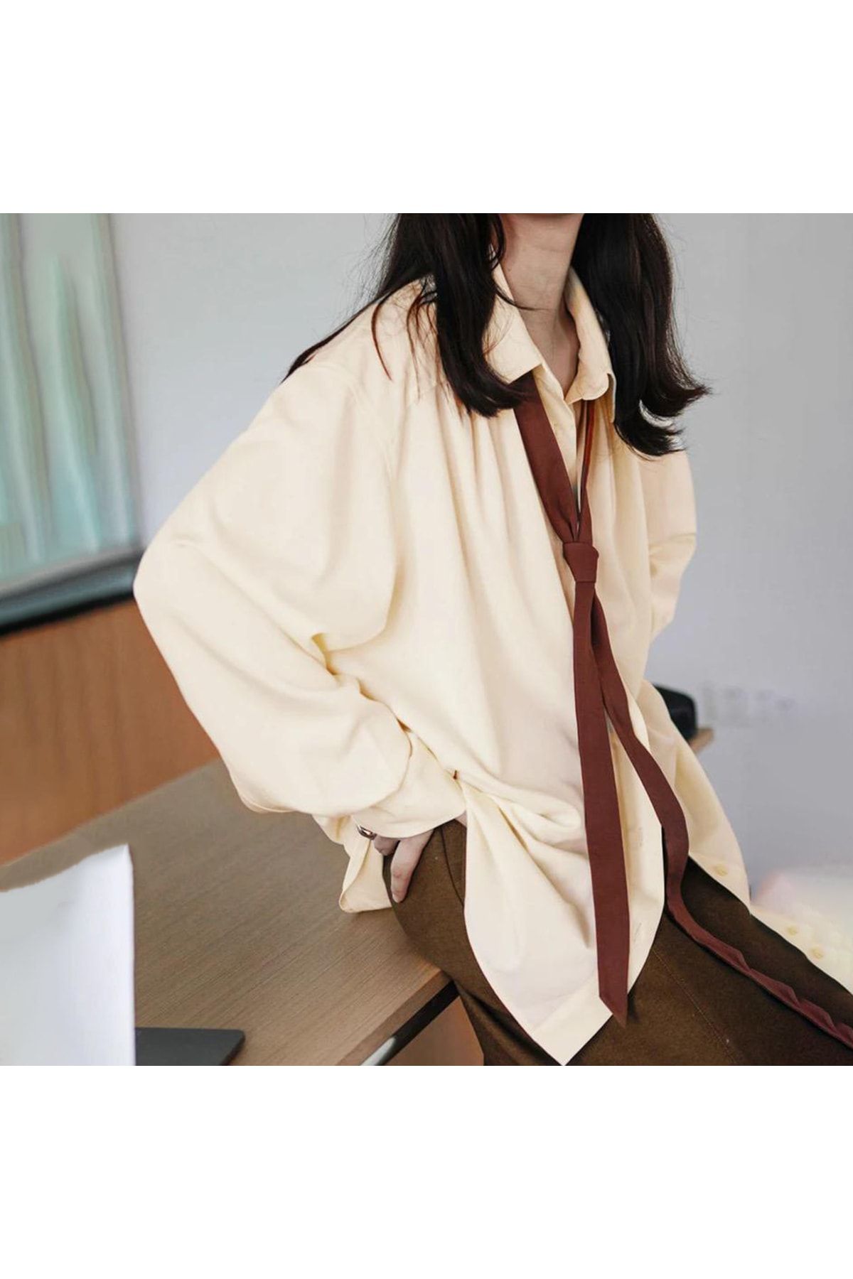 K stebek Oversize Shirt with Tie Ecru Trendyol