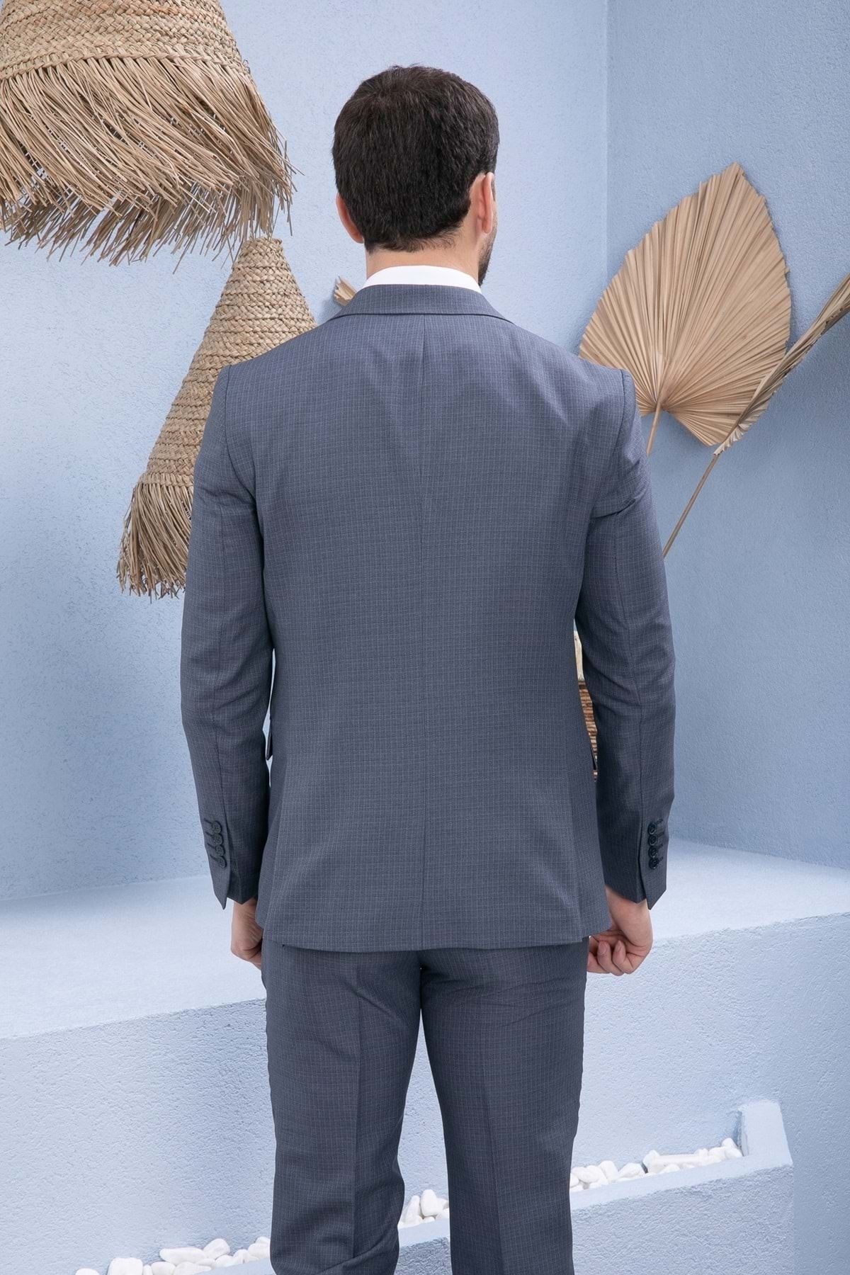 Vito Andolini Gri Slim Fit Yelekli Erkek Takım Elbise MB8467