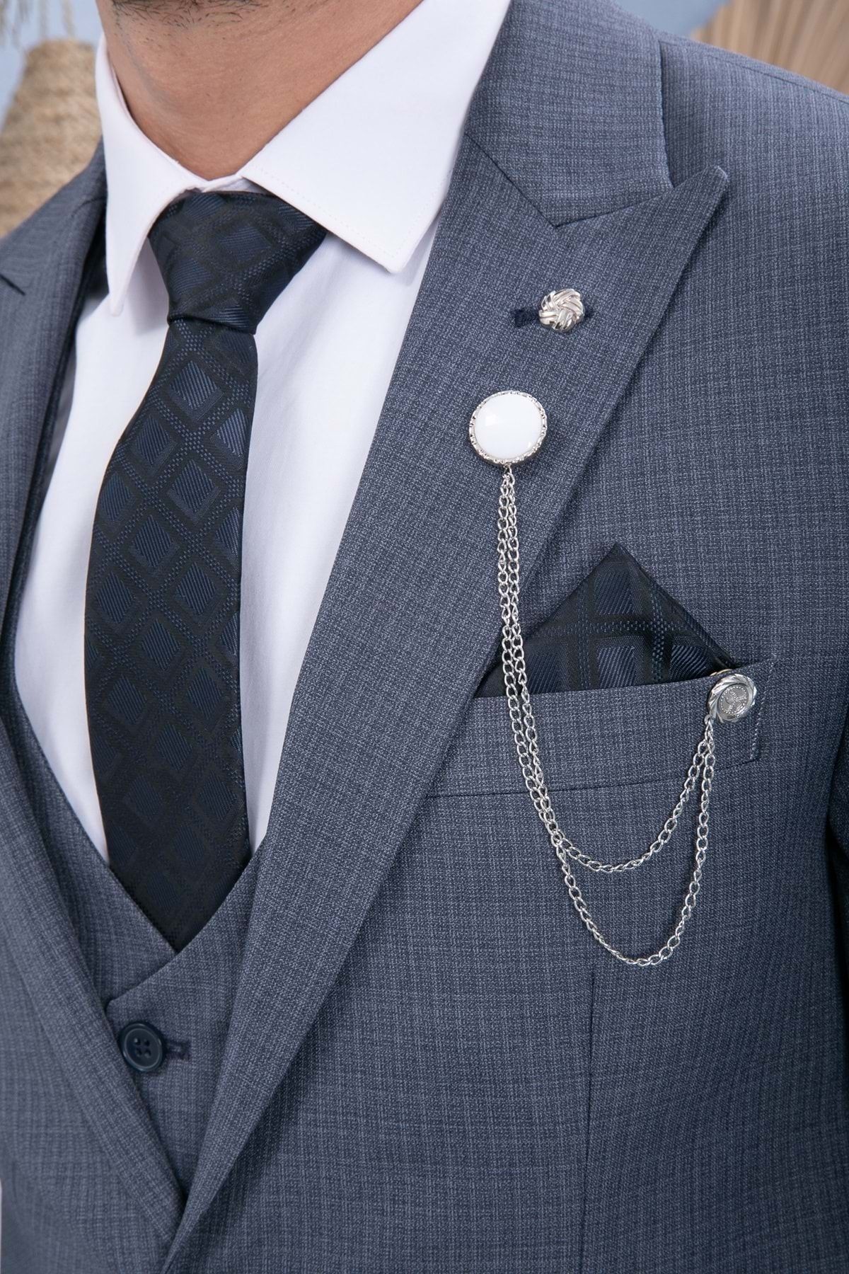 Vito Andolini Gri Slim Fit Yelekli Erkek Takım Elbise MB8467
