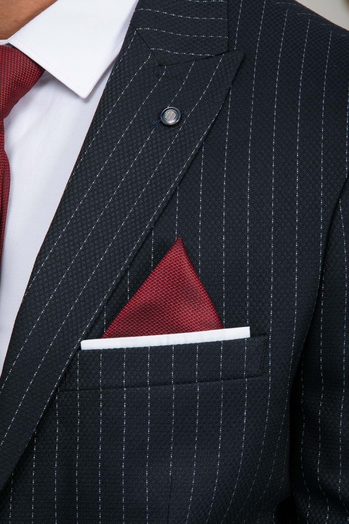 ZAYFA Lacivert Çizgili 2 Düğme Slimfit Yelekli Takım Elbise MB8988