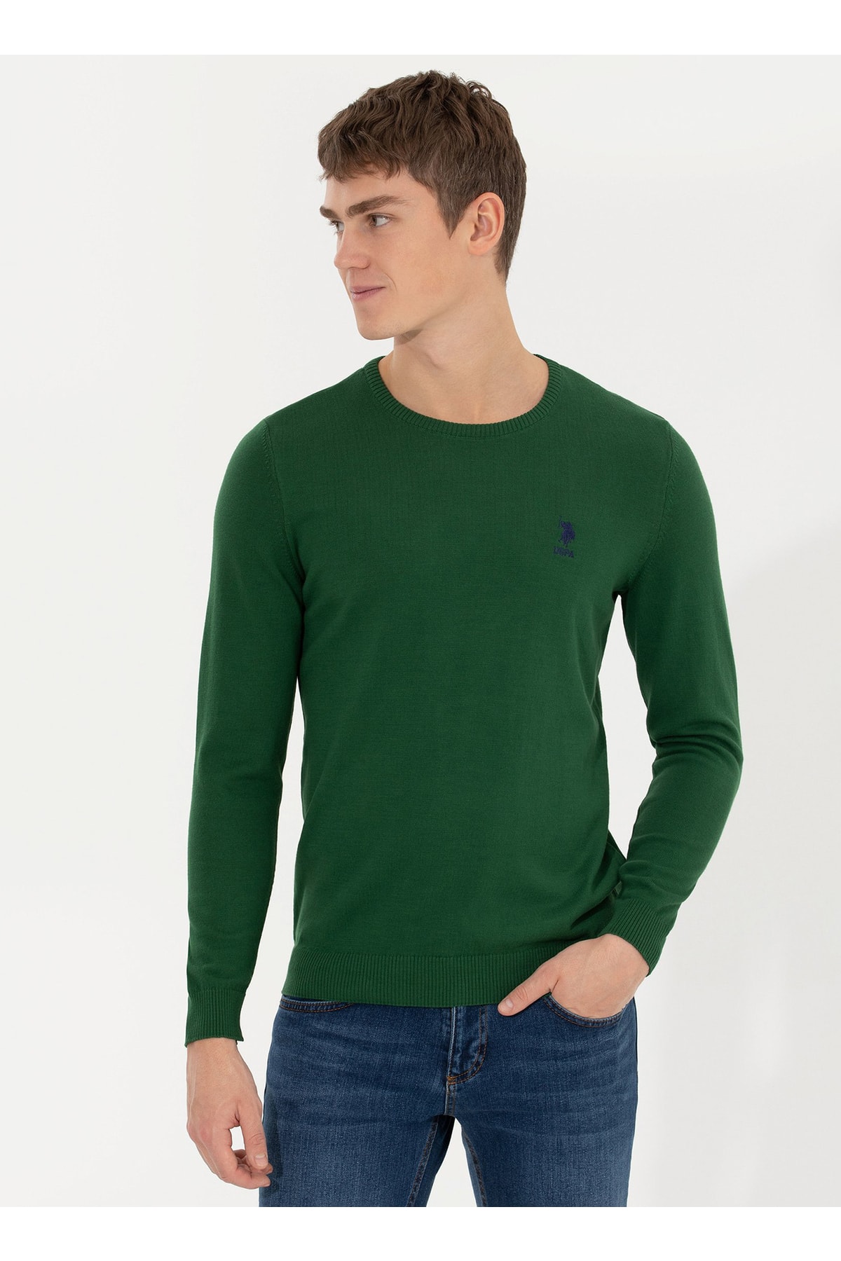 یو اس پولو ژاکت مردانه یقه گرد سبز GTD01-GLBSK22