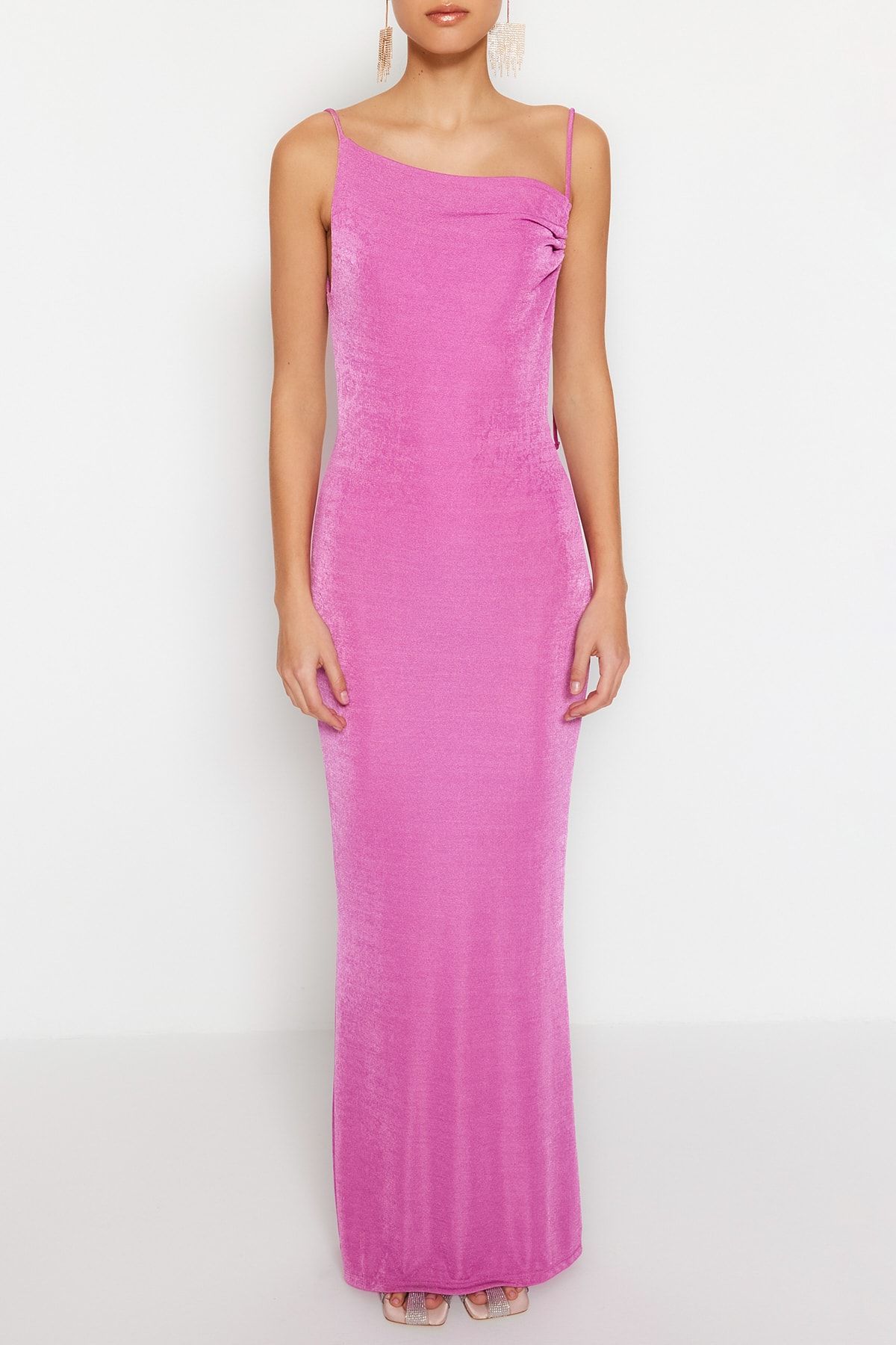 Trendyol Collection-Rochie de seara lunga tricotata roz TPRSS23AE00057 5