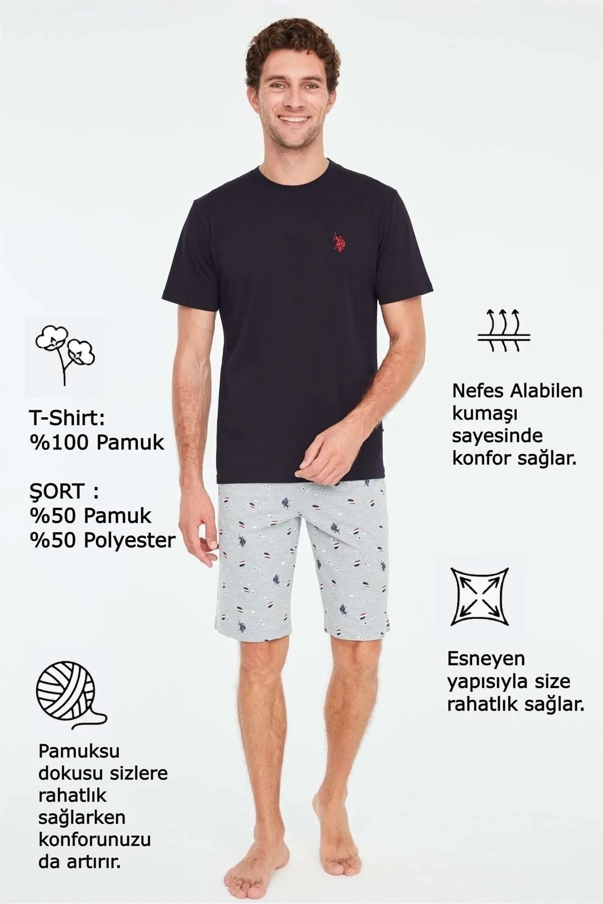 ست پیژامه آبی مردانه پولو اسن ایالات متحده 18666 تی شرت سرمه ای شلوارک U.S. Polo Assn.