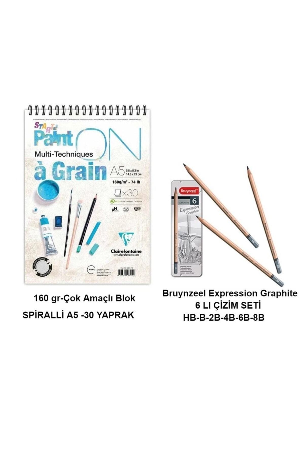 Clairefontaine-Paint-on A Grain Drawing Block A5 160gr 30 Sheets And Bruynzeel Expression Graphite Drawing Set 6 Pieces 1
