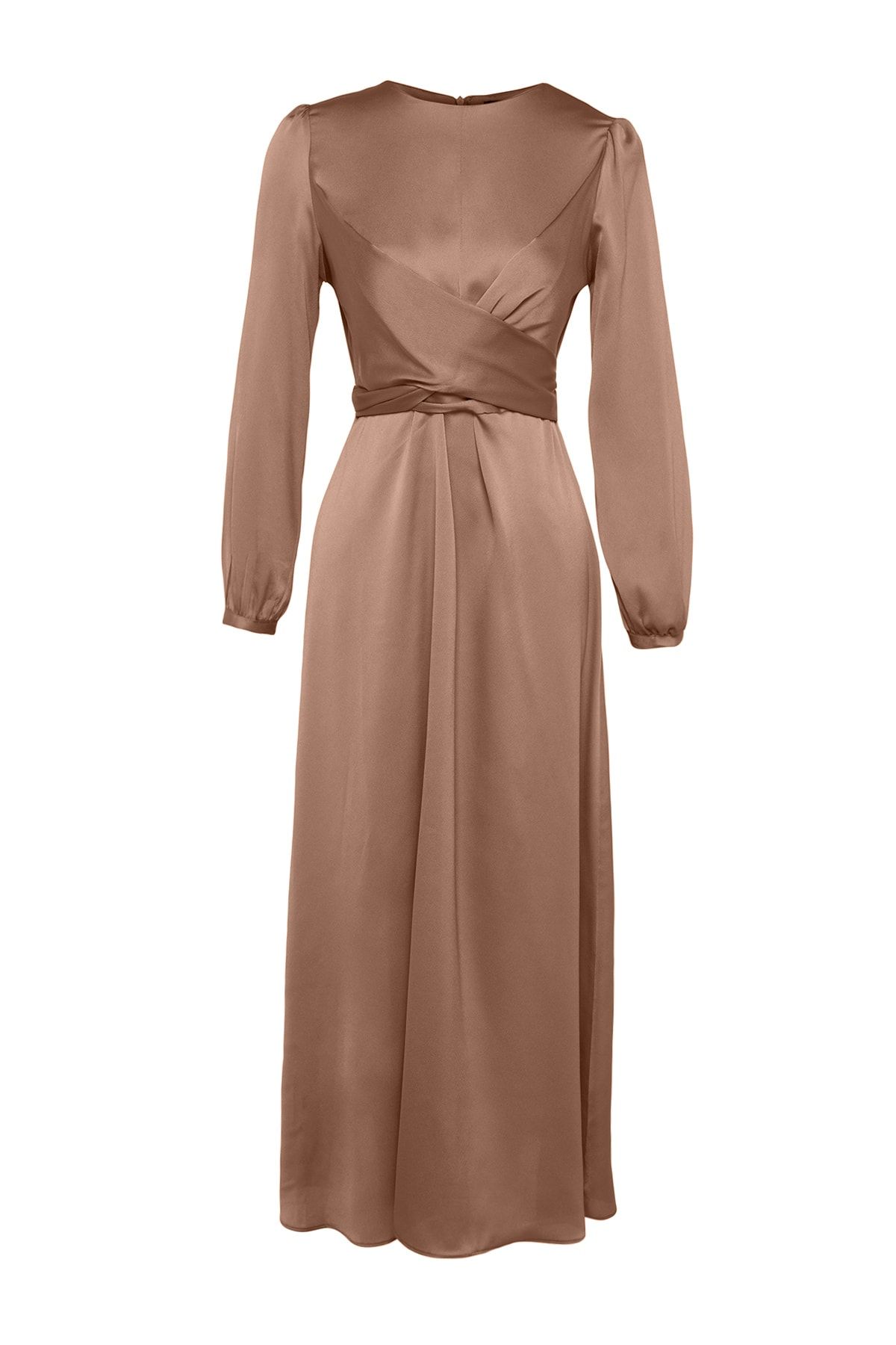 Trendyol Modest-Beigefarbenes Satin-Abendkleid mit überkreuzten Bindedetails TCTAW22EB0105 7