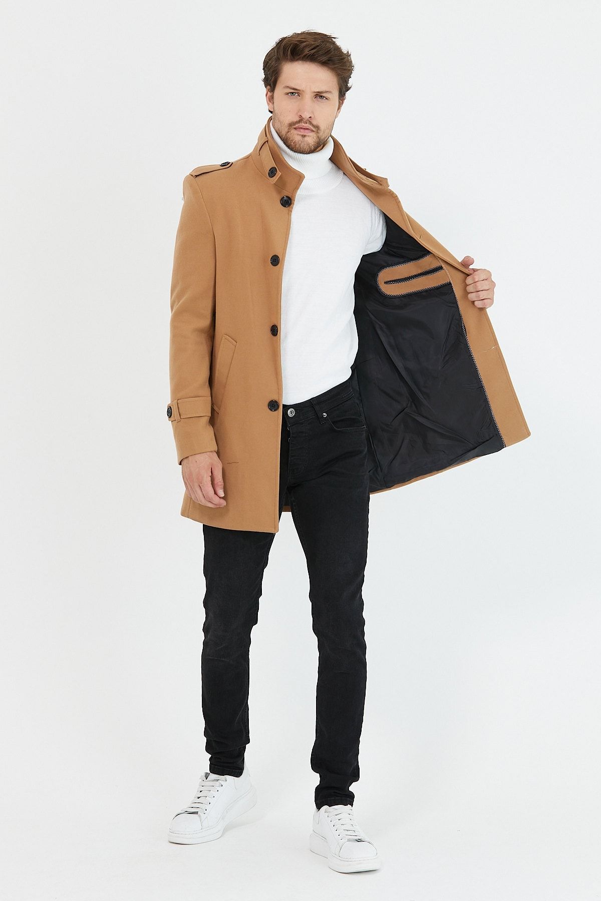 Mero Life Men s Vizyon Slim Cut Stand Collar Long Wool Blend