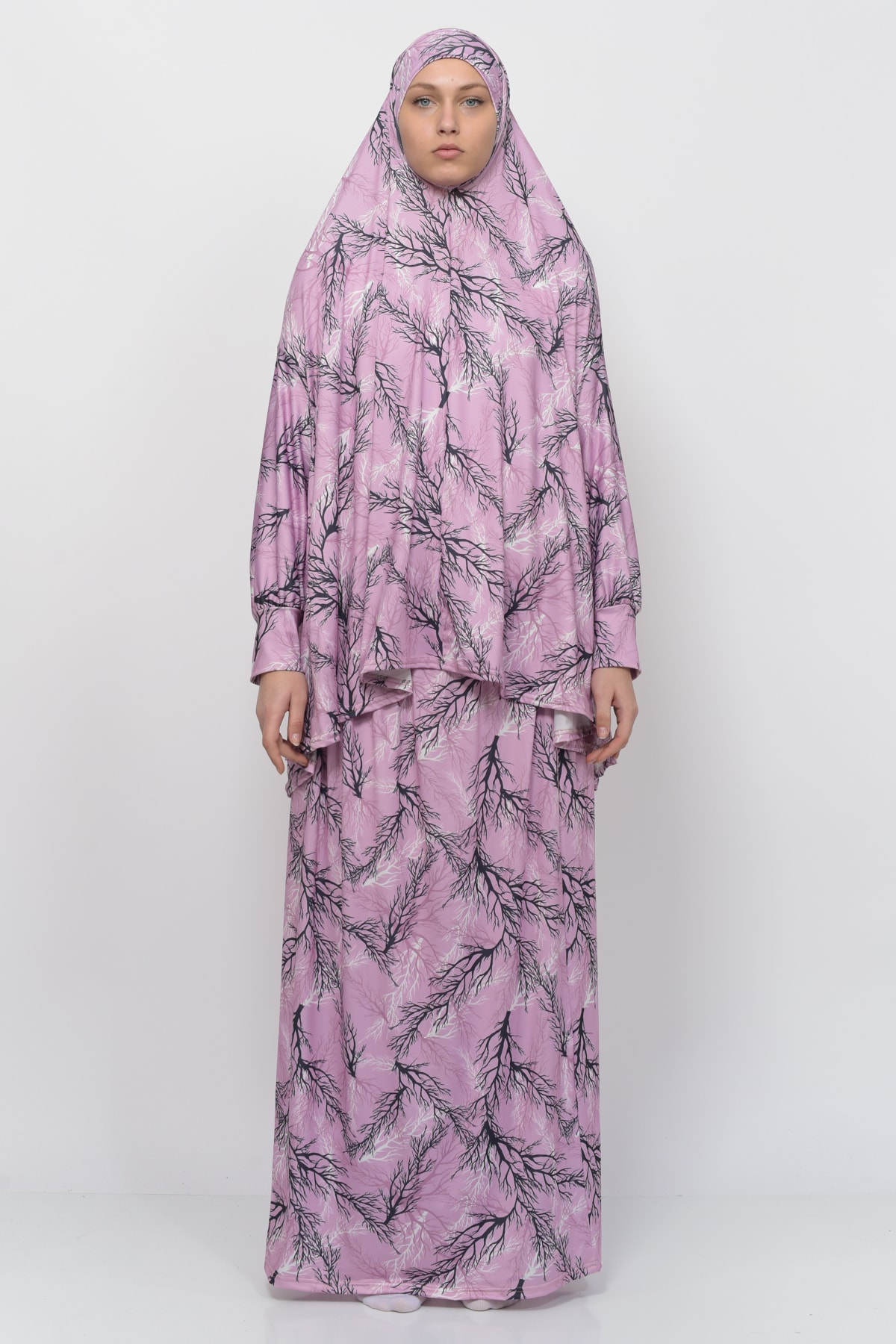 Practical Two Piece Tree Pattern Bat Sleeve Headscarf Lycra Modest Prayer Dress 992-0709