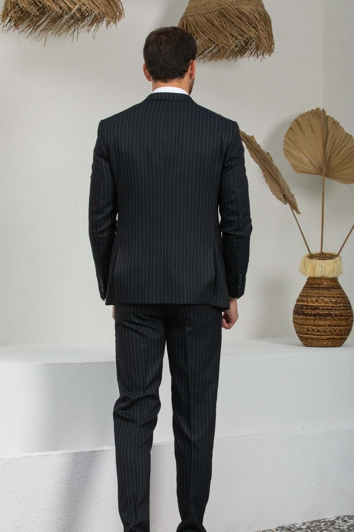 ZAYFA Lacivert Çizgili 2 Düğme Slimfit Yelekli Takım Elbise MB8988