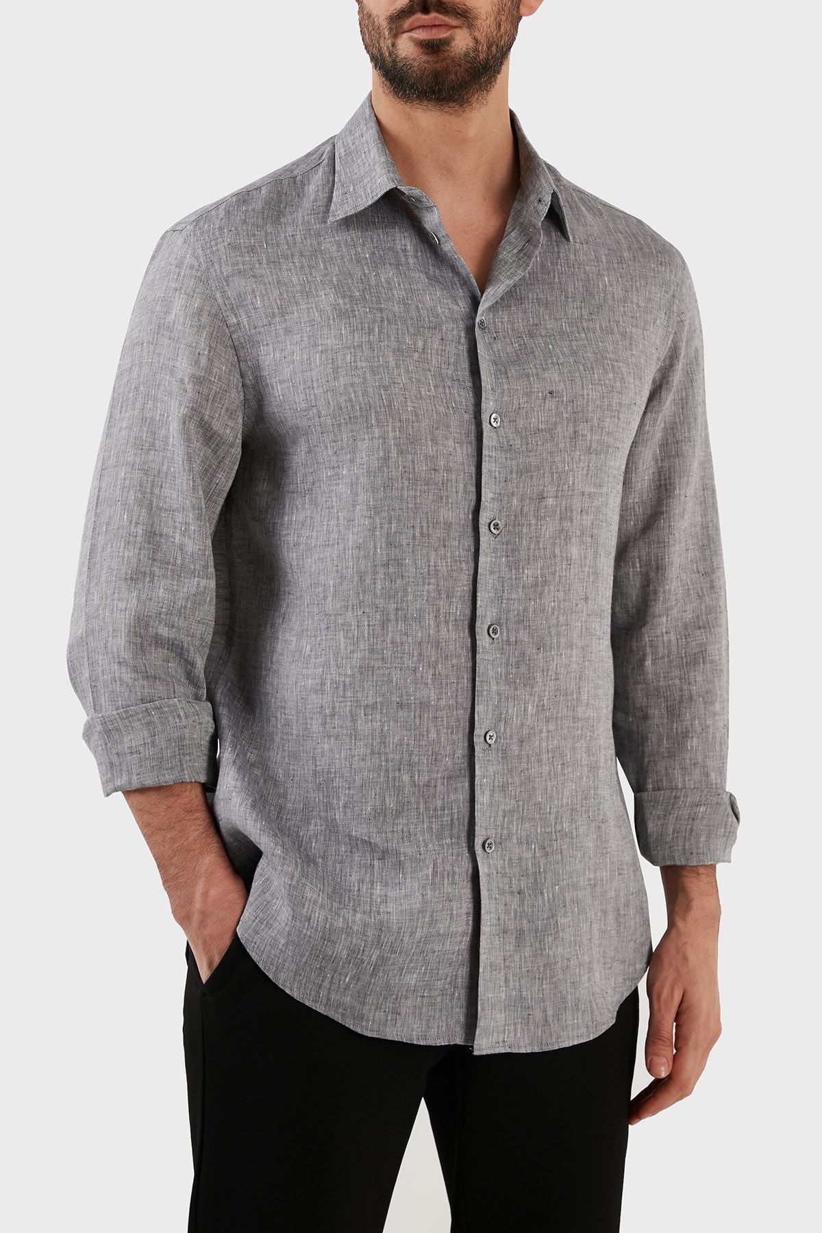 Emporio Armani Regular Fit Long Sleeve Linen Shirt Men s Shirt
