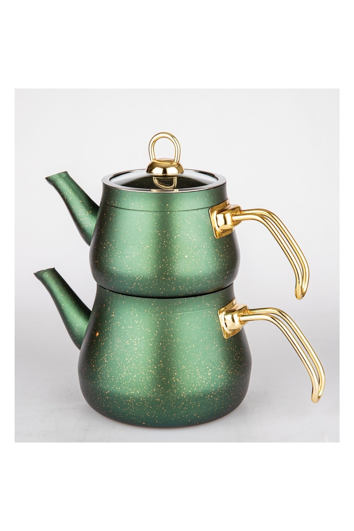 MELYET Granit Çaydanlık Takımı Paslanmaz Sağlam Gold Metal Kulplu Yeşil Cam Kapaklı Çaydanlık