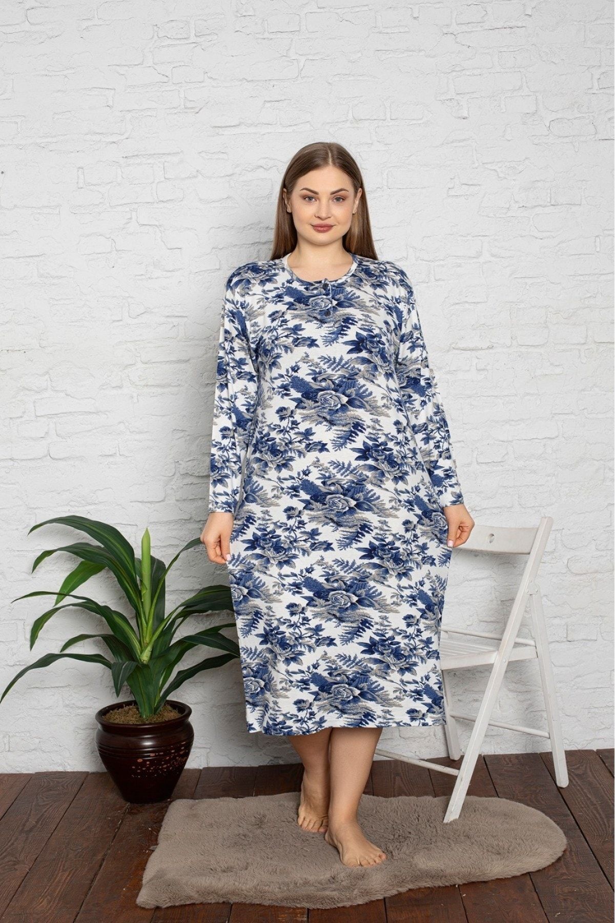 Asel-Plus Size Lycra Patterned Nightgown 1