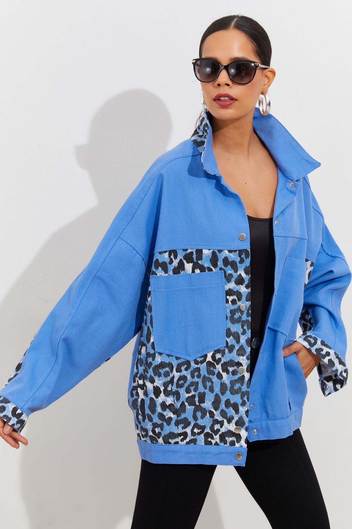 Cool &amp; Sexy Kadın Mavi Leopar Bloklu Denim Ceket TV1426 CE8854