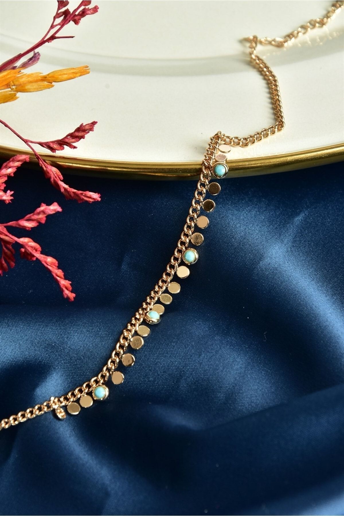 Fox Shoes-Blue Stone Detail Enamel Gold Anklet Ka061247 3