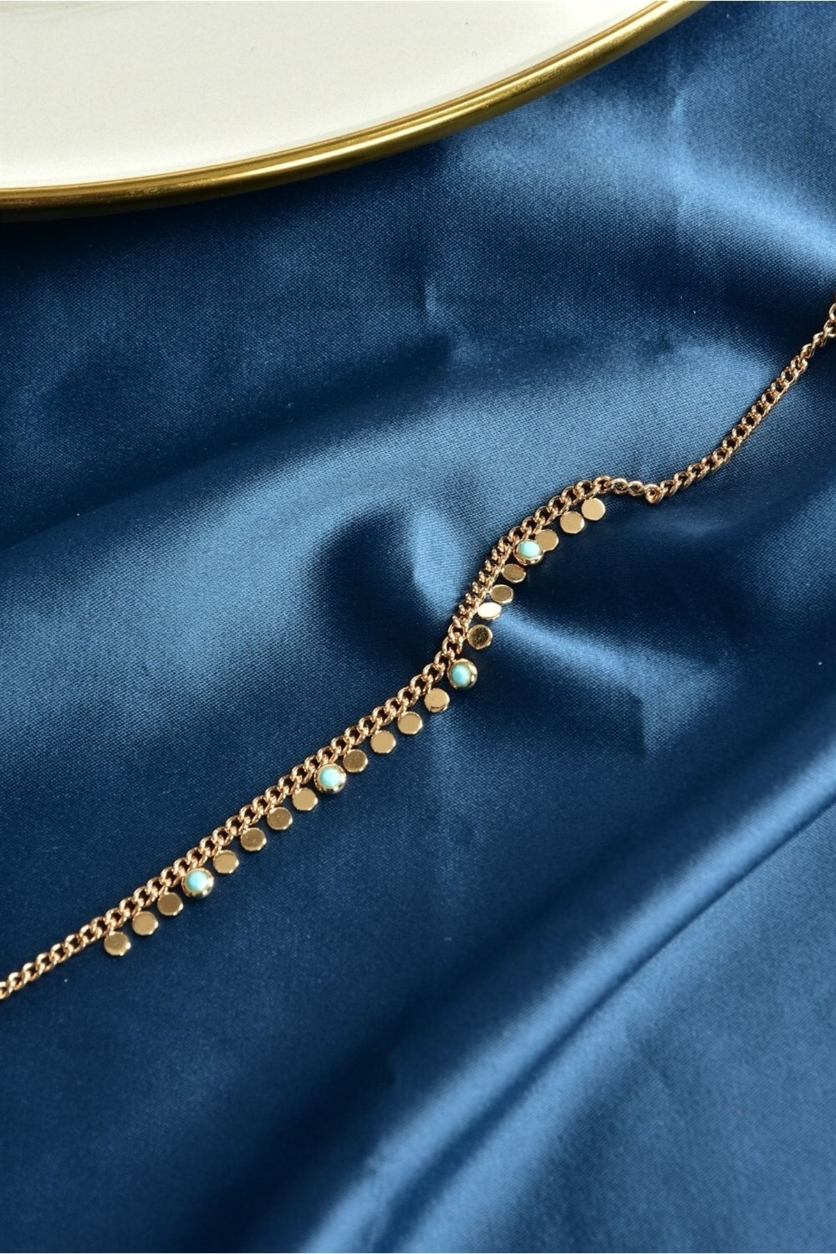 Fox Shoes-Blue Stone Detail Enamel Gold Anklet Ka061247 4