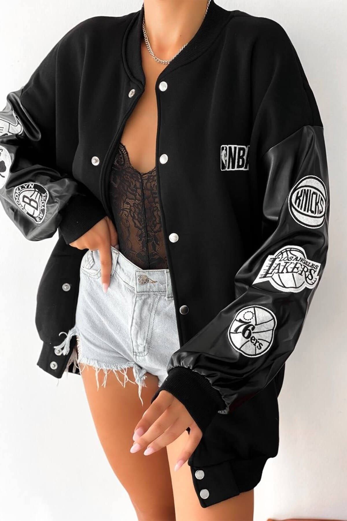 Fumood Leather Sleeve Detail Printed Unisex Oversize College