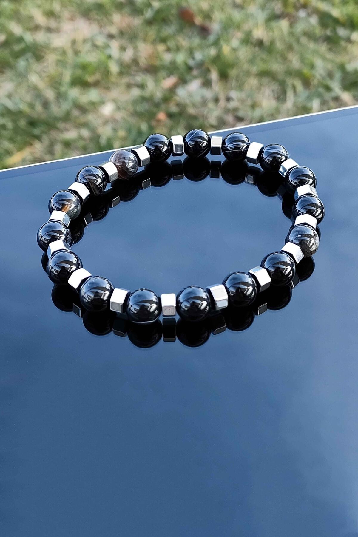 TREND COLLECTİON-Adjustable Natural Stone Men's Bracelet with Black Agate Hematite Detail 3