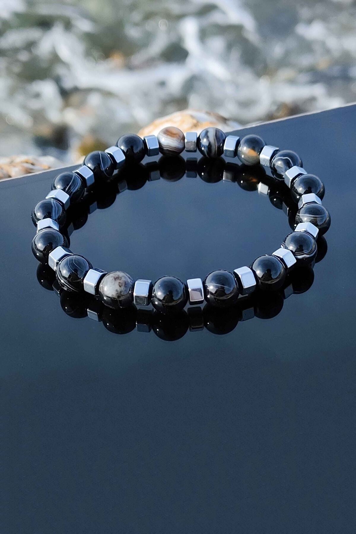 TREND COLLECTİON-Adjustable Natural Stone Men's Bracelet with Black Agate Hematite Detail 4