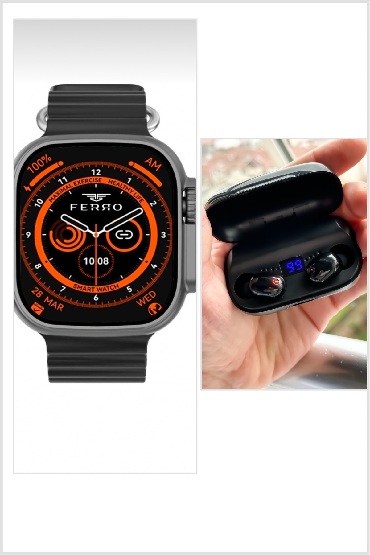 FERRO Ferrucci Ws8pro.10 Ios,android,sesli Görüşme,watch Erkek Akıllı Saat+powerbanklı Bluetooth Kulaklık