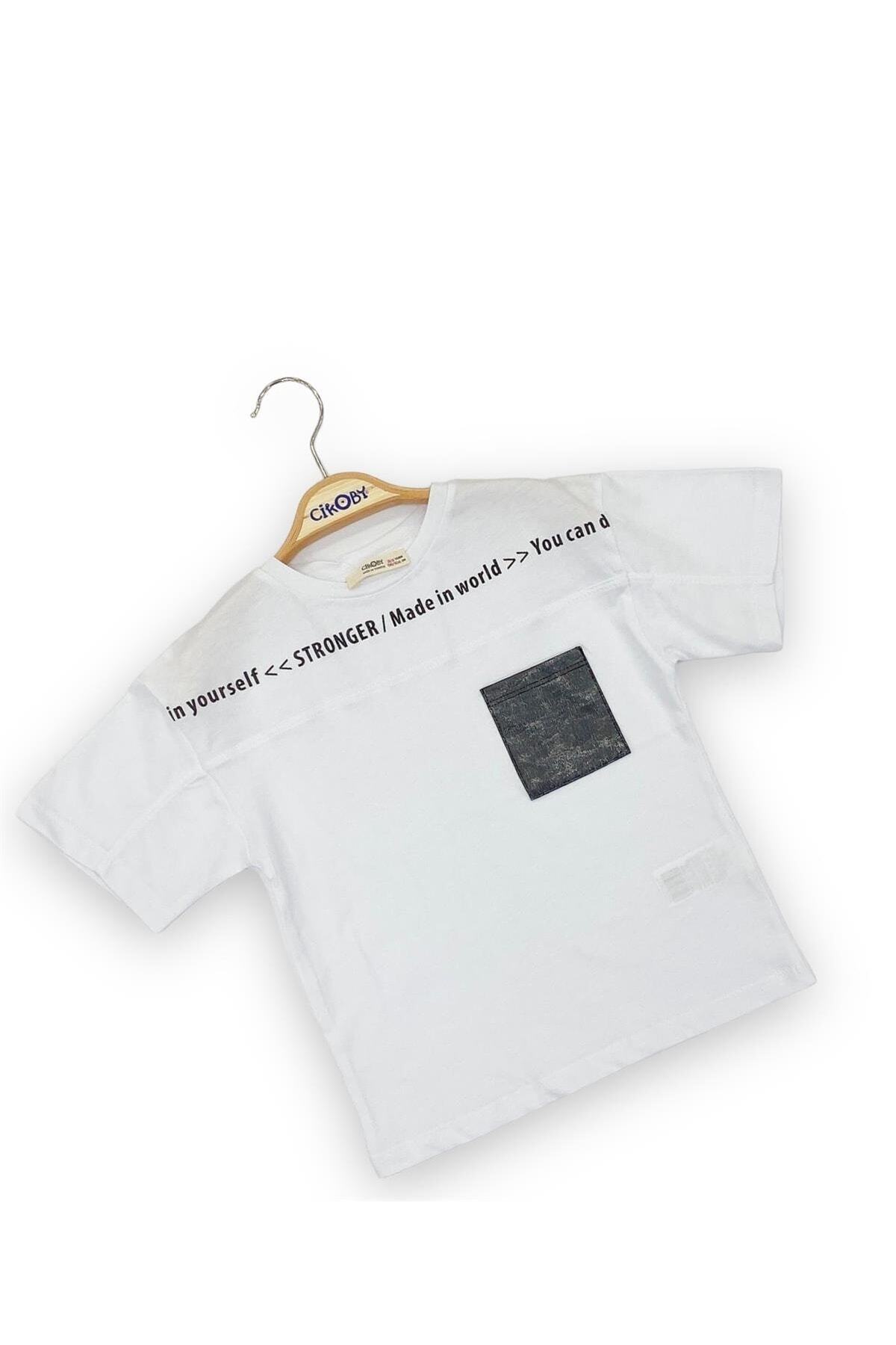 Çikoby-Tricou din bumbac pentru baieti - Detaliu buzunar din piele, Text Stronger 2